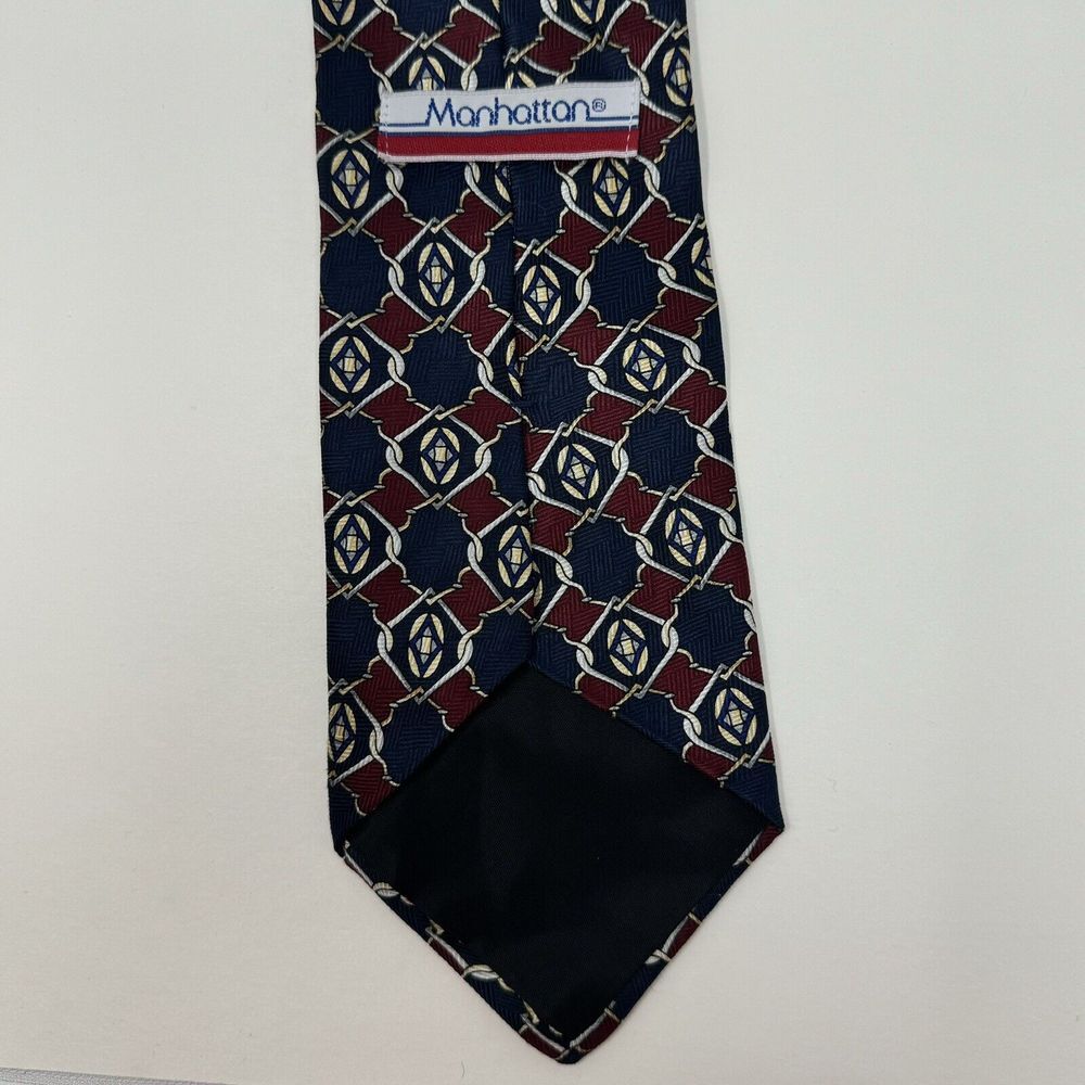 Manhattan Blue Red Yellow Geometric Silk Made In USA Neck Tie L 57" W 4" - Picture 2 of 4